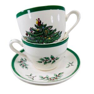 Vtg Spode Christmas Tree Set Of 2 Tea Cups And Saucers Made In England S3324